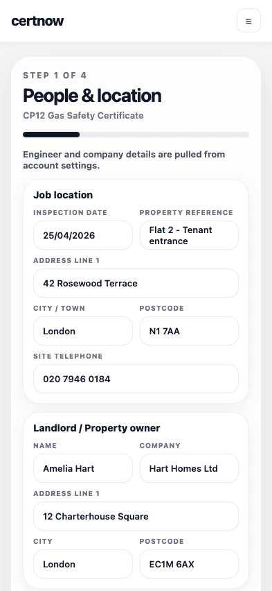 certnow CP12 wizard people and location screen
