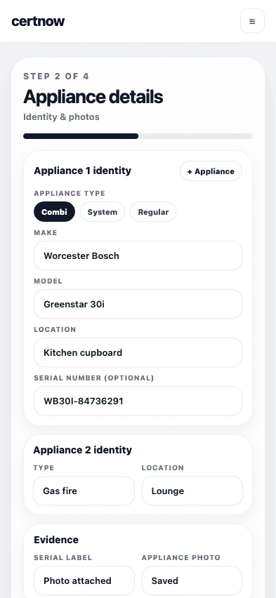 certnow CP12 wizard appliance checks screen